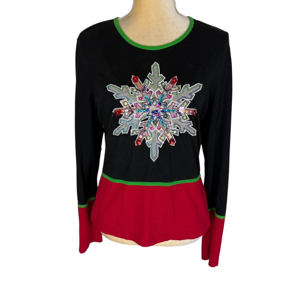Michael Simon Black Red Snowflake Sequin Beaded Long Sleeve Holiday Shirt M